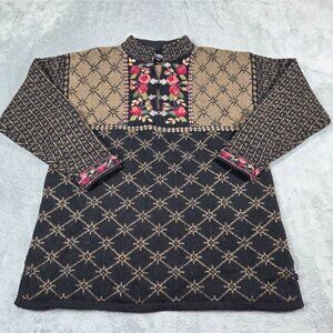 Vntg Icelandic Design Sweater Large Black Wool Nordic Pewter Clasp Henley Tunic